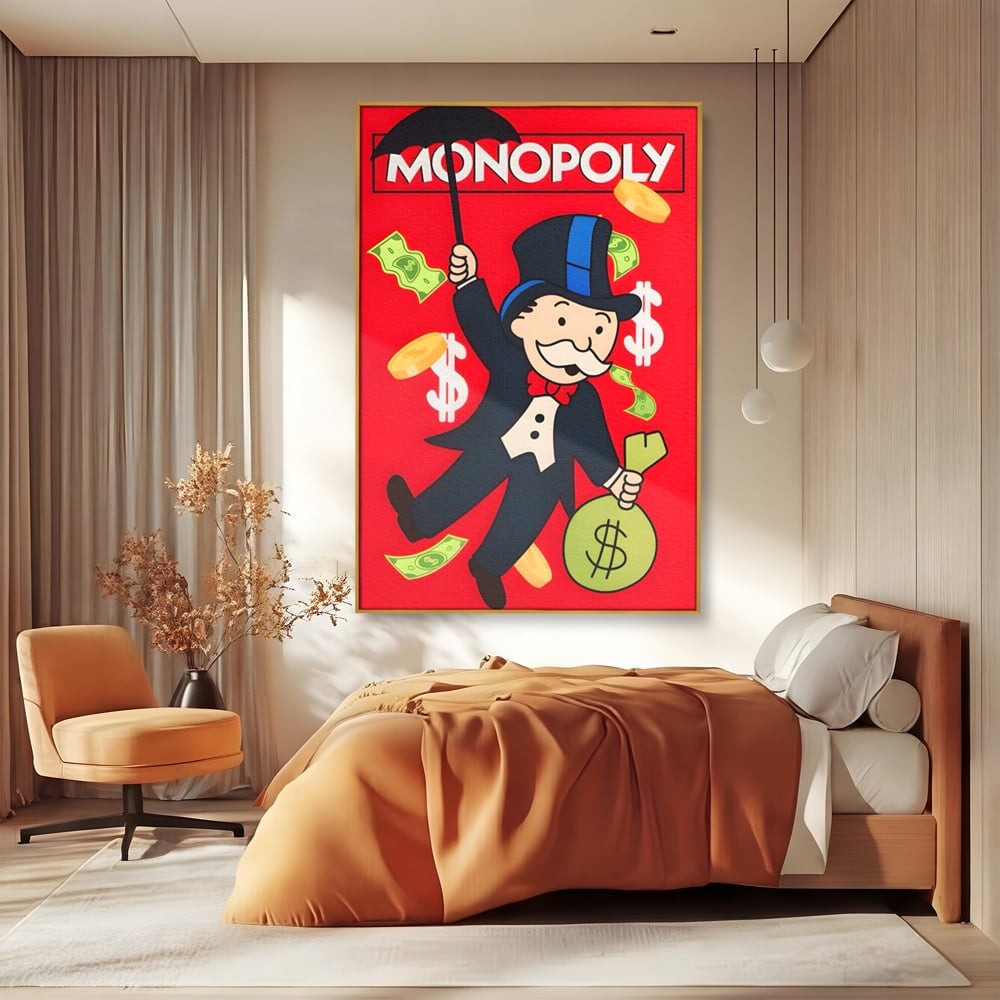 Tablou canvas cu tablou canvas cu domnul monopoly pe fond rosu, in rama de aluminiu auriu, pe perete intr-un dormitor